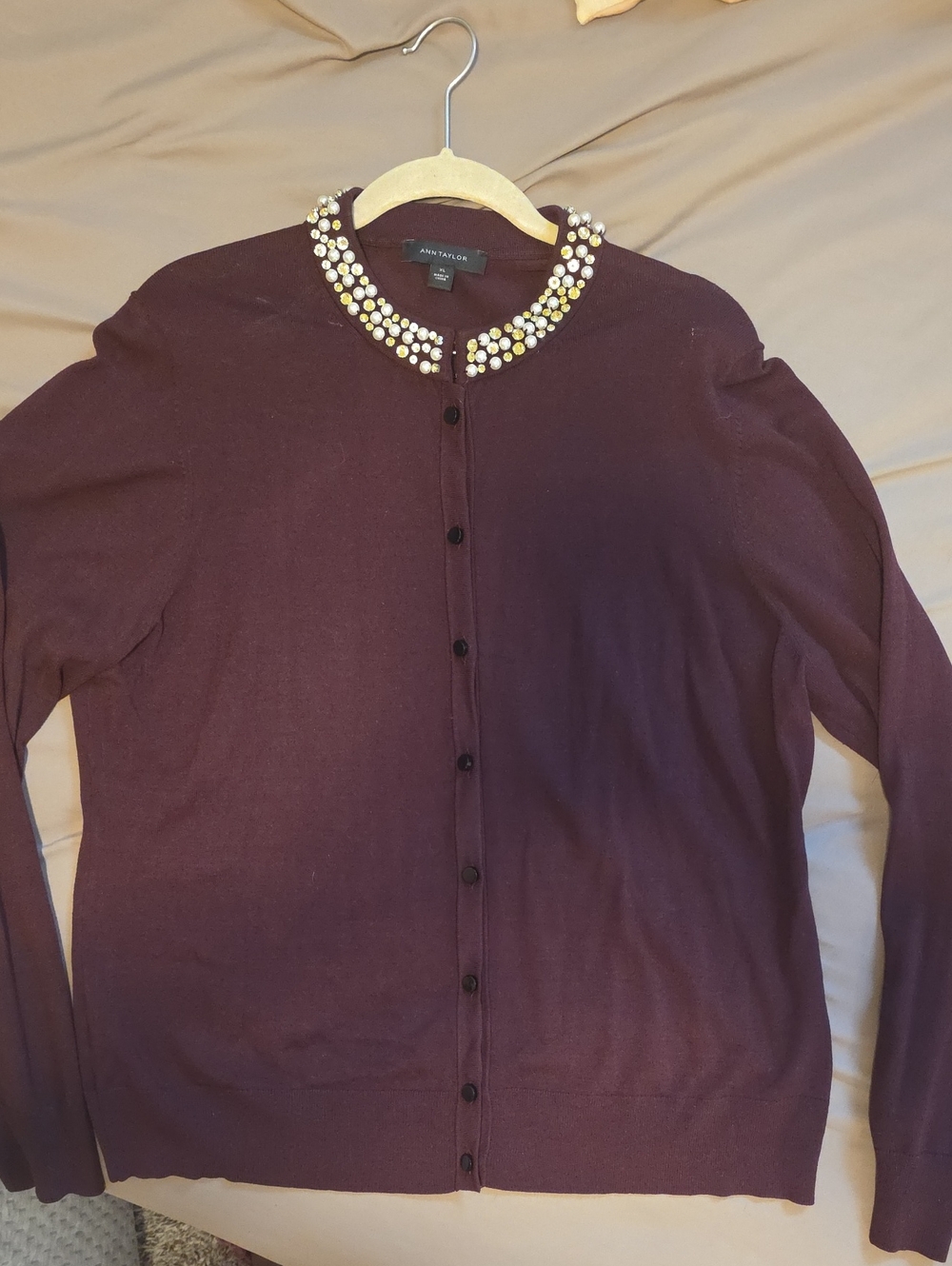 Ann Taylor Plum Pearl-Embellished Cardigan Sweater